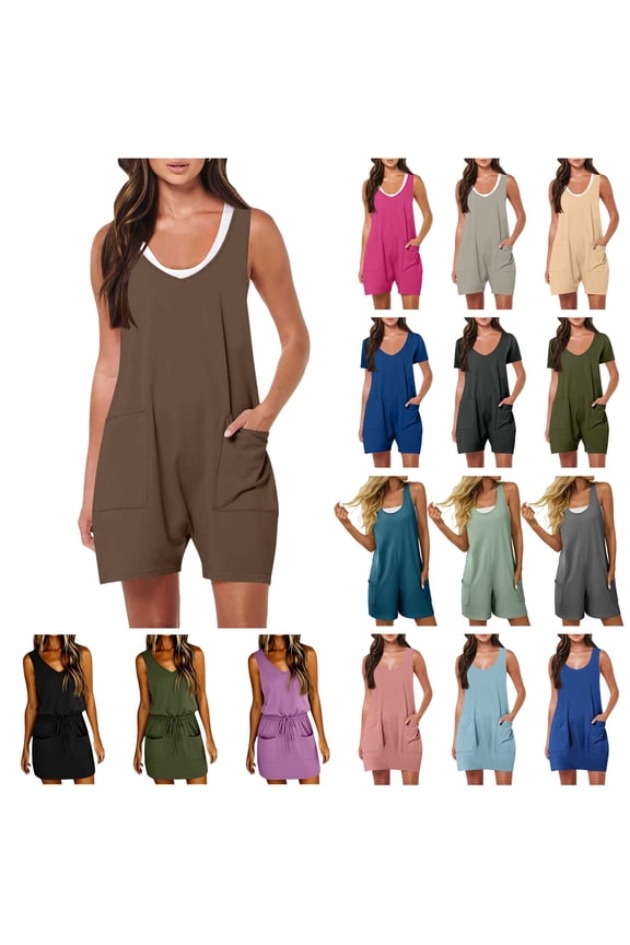 Womens Summer Sleeveless Tank Top Jumpsuit Casual Solid Color Rompers Short Overalls 2024 Onesie Shorts with Pockets Dollar Sales Hot Pink XL
