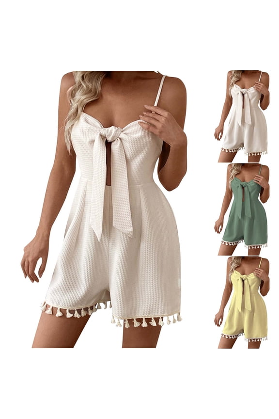 Womens Summer Sleeveless Twist Front Jumpsuits Solid Color Waffle Knit Romper Casual Wide Leg Rompers, White, S