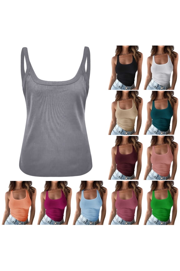 Womens Summer Tank Tops Sleeveless Scoop Neck Workout Tanks Solid Color Casual Ribbed Knit Cami Shirts Gray XXL