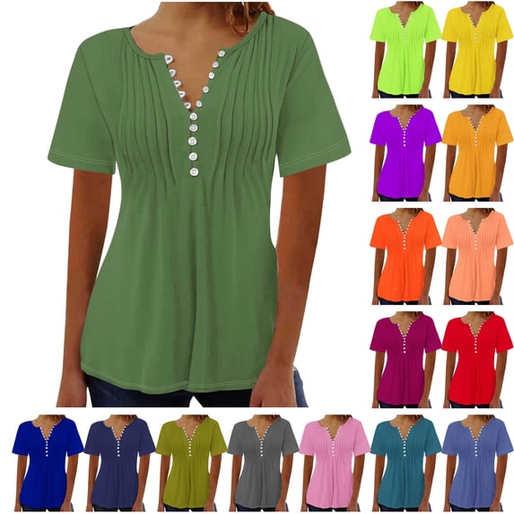 QATAINLAV Womens Summer Tops Casual Button V Neck Henley Shirts Outdoor Pleated Hide Belly Shirts Solid Color Short Sleeve Tshirts Tunic Top Red XXL