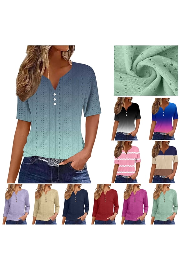 Womens Summer Tops Casual Eyelet Embroidery Tshirts Loose Fit Button V Neck Henley Shirts Trendy Gradient Print Short Sleeve Tees Black S