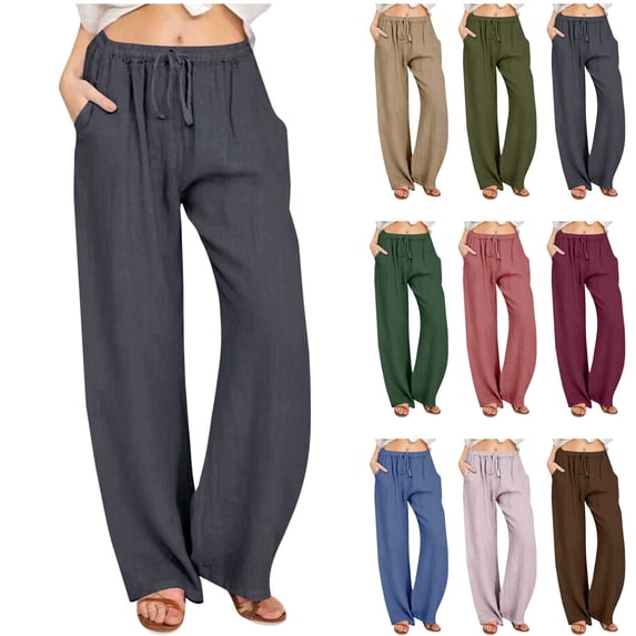 QATAINLAV Womens Summer Wide Leg Linen Pants Loose Fit Plus Size Solid Color Lounge Trousers Casual Drawstring Elastic Waist Beach Pants Dark Gray XXXL Sales of The Day