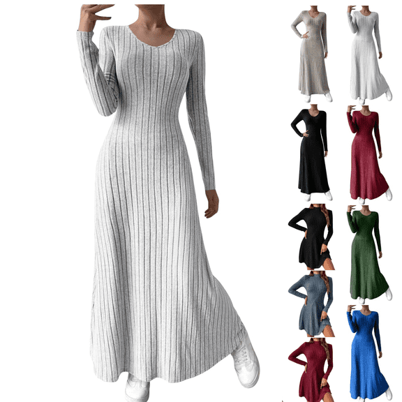 QATAINLAV Womens Sweater Dress Casual Ribbed Knit Slim Fitted Maxi Dress Long Sleeve Crewneck Comfy A Line Dress Fashion Comfy Spring Dresses
