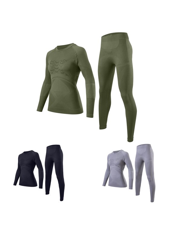 Womens Thermal Underwear Sets Long Johns and Long Sleeve Workout Tops 2 Piece Outfits Winter Base Layer Skiing Snow Suits Army Green XL