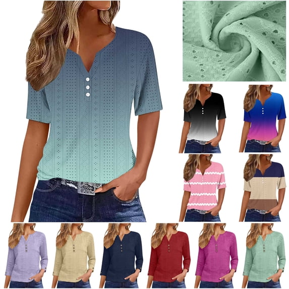 QATAINLAV Womens Tops Loose Fit Button V Neck Henley Shirts Trendy Eyelet Embroidery Tshirts Gradient Print Short Sleeve Tees Blue XXXL