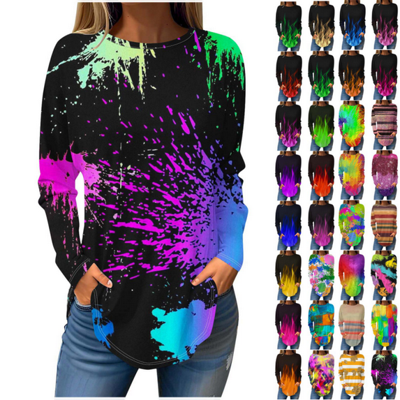 QATAINLAV Womens Tops Trendy Long Sleeve Loose Blouse Casual Round Neck Pullover T Shirts Flame Printed Sweatshirt Fall Clothes Hot Pink XL