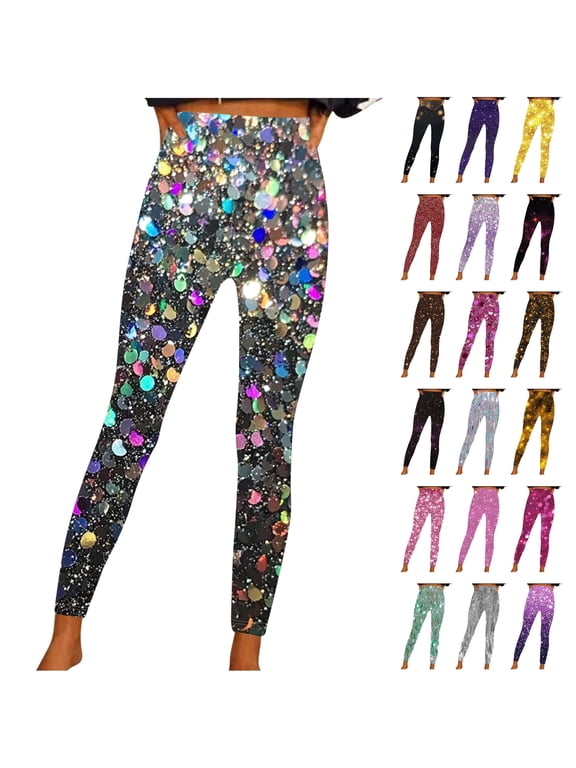 Womens Trendy Sequin Leggings Glitter Graphic Printed Yoga Pants Casual Elastic Workout Seamless Legging Pant 2026 New Years Eve Party Outfits Multicolor XL