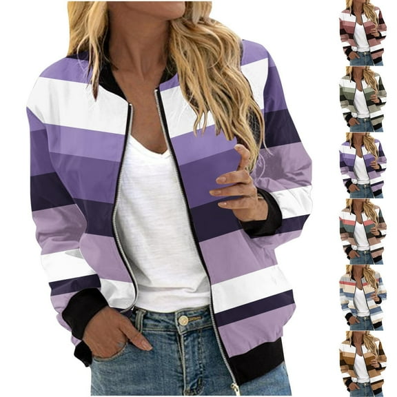QATAINLAV Womens Trendy Stripe Print Bomber Jacket Casual Lightweight Zip Up Windbreaker Fall Winter Long Sleeve Outerwear with Pockets, Purple, XXL