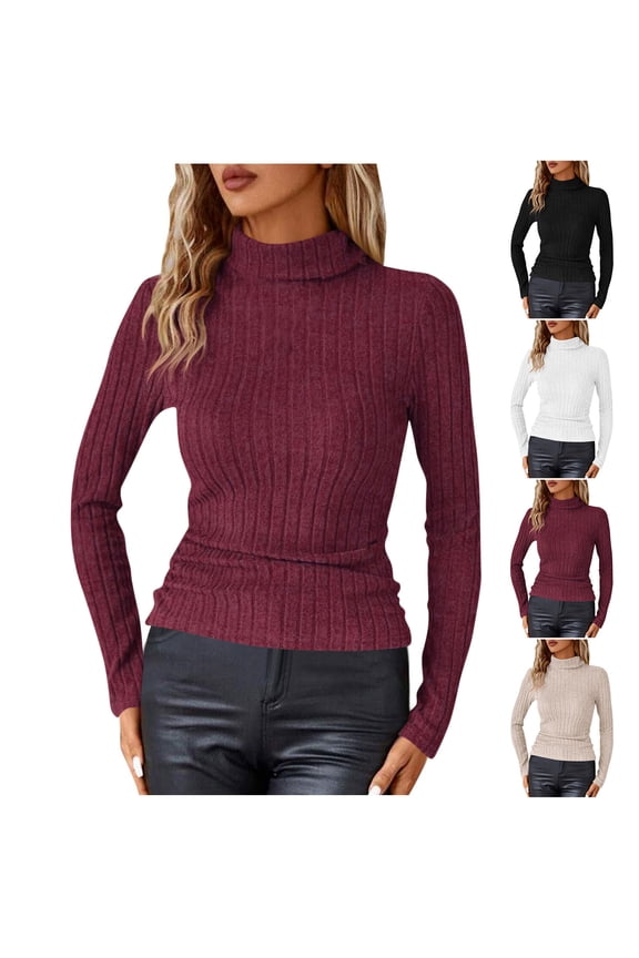 Womens Turtleneck Ribbed Kintted Sweater Casual Long Sleeve Pullover Tops Solid Color Slim Fit Sweaters, Wine, XXL
