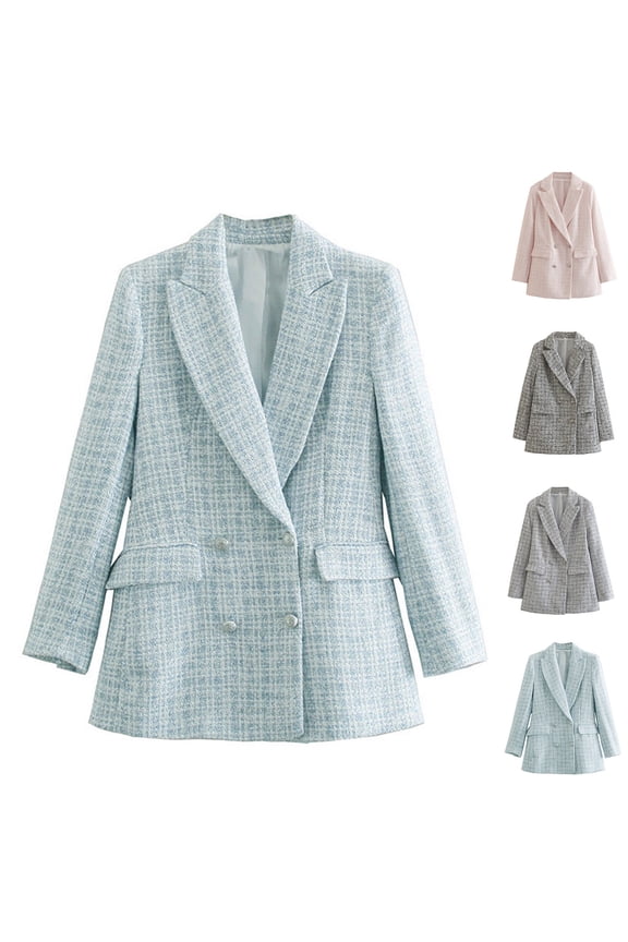 Womens Tweed Blazers Casual Long Sleeve Lapel Blazer Coat Button Open Front Work Suit Jackets with Pockets Back to College Sales Light Blue M