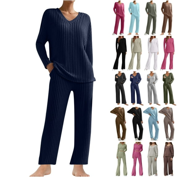 QATAINLAV Womens Two Piece Outfits Cozy Ribbed Knit Sweater Lounge Set Casual Round Neck Long Sleeve Pullover Tops and Flare Pants Matching Sets Green S Sales Today