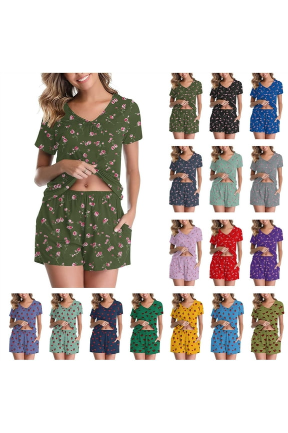 Womens Two Piece Outfits Summer, Casual Short Sleeve Tees and Shorts Lounge Set Trendy Printed V Neck Shirts Matching Shorts Pajamas Sets, Mint Green, L