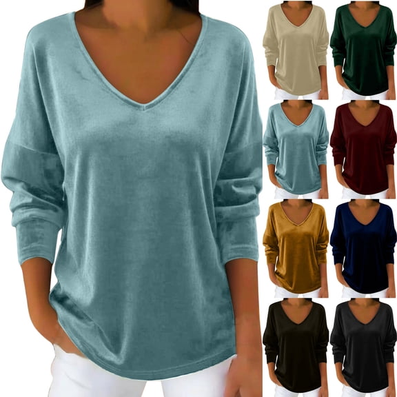 QATAINLAV Womens V Neck Long Sleeve Shirts Solid Color Velet Tunic Tops Loose Fit Tees Shirt Holiday Clothes, Beige, XL