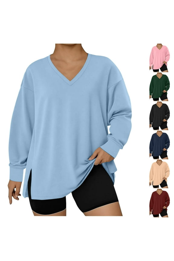 Womens V Neck Oversized Shirts Loose Casual Long Sleeve Pullover Tops Fall Fashion Side Slits Plus Size Sweatshirts, Black, XXL