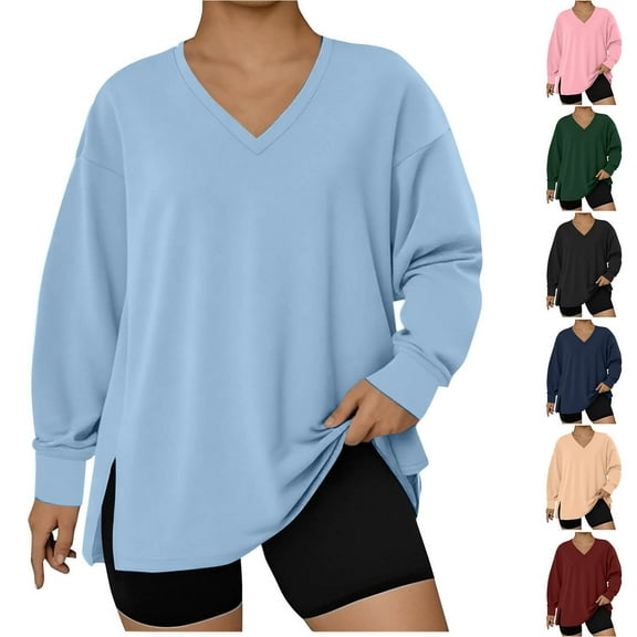 QATAINLAV Womens V Neck Oversized Shirts Loose Casual Long Sleeve Pullover Tops Fall Fashion Side Slits Plus Size Sweatshirts, Green, XL