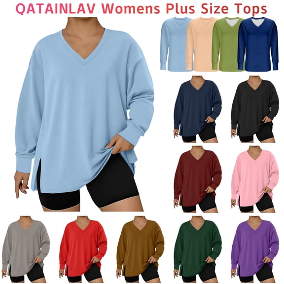 QATAINLAV Womens V Neck Oversized Shirts Loose Casual Long Sleeve Pullover Tops Fall Fashion Side Slits Plus Size Sweatshirts, Wine, XL