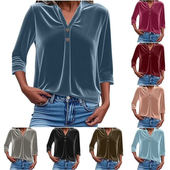 QATAINLAV Womens Velvet 3/4 Sleeve Pullover Tops Casual V Neck Button Down Blouses Solid Color Loose Ruched Business Shirts, Light Blue, L, Mothers Day Gifts!