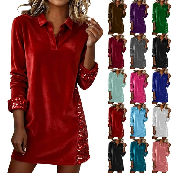 QATAINLAV Womens Velvet Sequin Dresses Long Sleeve V Neck Collared Mini Dress Wedding Guest Formal Cocktail Party Dress, Blue, L
