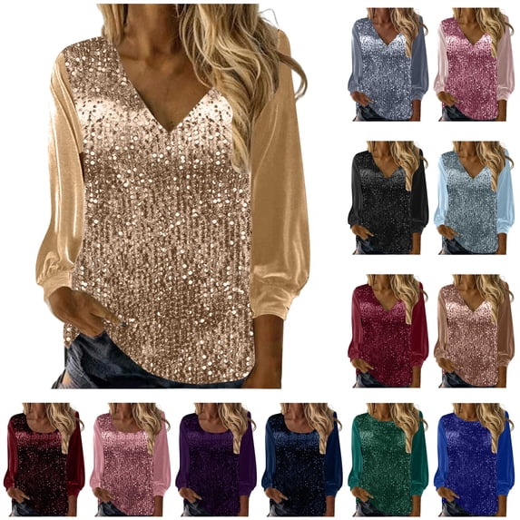 QATAINLAV Womens Velvet Shirts Round Neck Long Sleeve Sequin Tops Solid Color Sparkly Party Cocktail Blouses, wine red, XXL