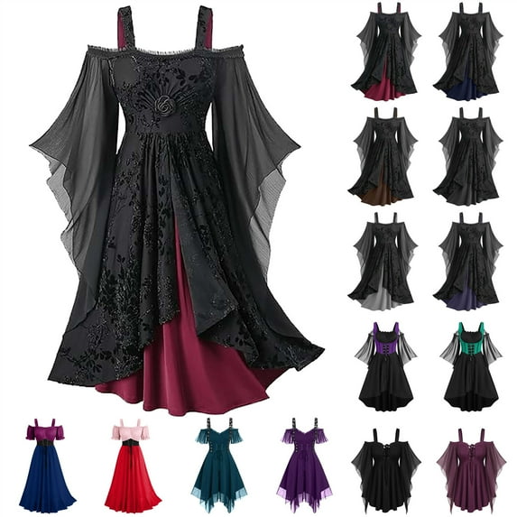 QATAINLAV Womens Victorian Gothic Tops Vintage Lace-Up Medieval Dresses Cold Shoulder Mesh Patchwork Bell Sleeve Tunic Shirts, Purple, XXL