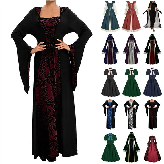 QATAINLAV Womens Vintage Printed Dresses Long Sleeve Medieval Court Outfits Victorian Hooded Long Dress Halloween Costume, Red, L, Birthday Gifts