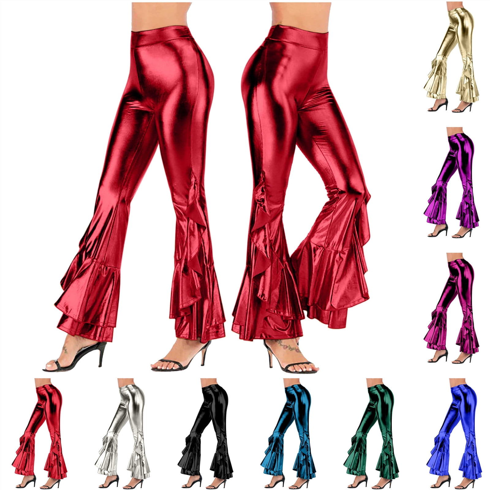 QATAINLAV Womens Vintage Shiny Bell Bottom Trousers Casual High Waisted Dance Bootcut Ruffle Flare Pants Blue M Birthday Gifts