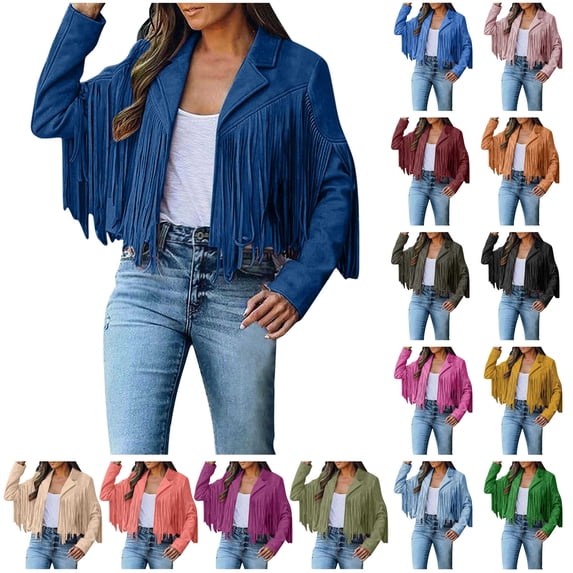 QATAINLAV Womens Vintage Tassel Cropped Motor Biker Jackets Long Sleeve Faux Suede Hippie Clothes Solid Color Fringe Coat Outwear, Pink, M