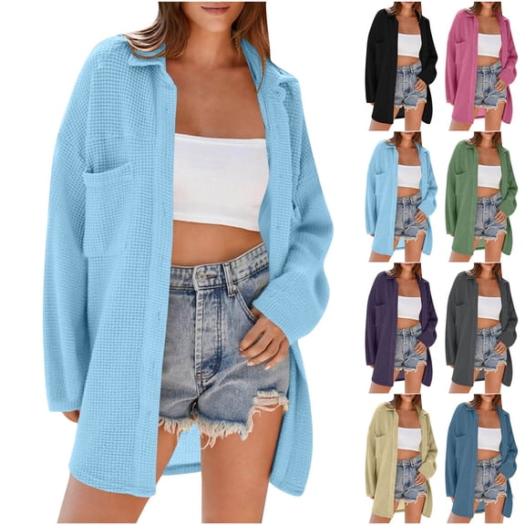 QATAINLAV Womens Waffle Knit Cardigan Long Sleeve Button Down Lapel Shirts Loose Fit Casual Dressy Blouses with Pocket, Purple, L