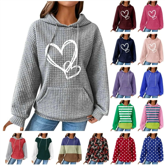 QATAINLAV Womens Waffle Knit Hooded Sweatshirts with Pocket Casual Drawstring Long Sleeve Hoodies Trendy Floral Printed Pullover Tops, Purple, XXL