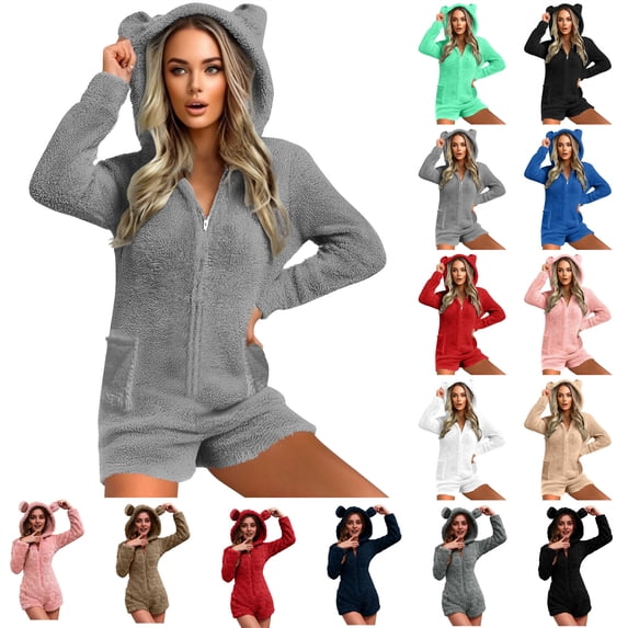 QATAINLAV Womens Warm Fuzzy Fleece Sherpa Hooded Romper Cute Bear Hoodies Novelty Print Short Playsuit Jumpsuit Onesie Sleepwear, Hot Pink, S