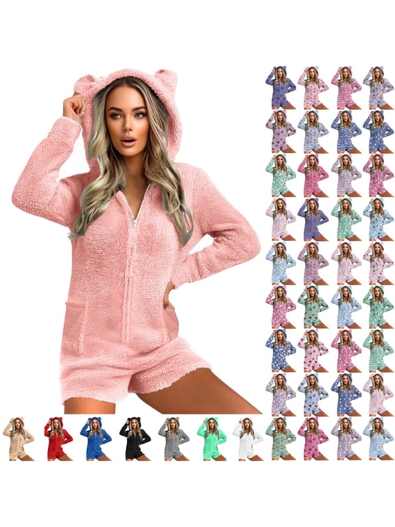 Womens Warm Fuzzy Fleece Sherpa Hooded Romper Short Playsuit Jumpsuit Cute Bear Onesie Sleepwear, Blue, M