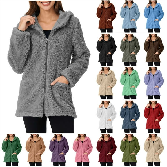 QATAINLAV Womens Warm Fuzzy Zip Up Hoodie Jackets Fall Winter Faux Fur Coats Outdoor Long Sleeve Fleece Hooded Sweatshirts, Orange, S