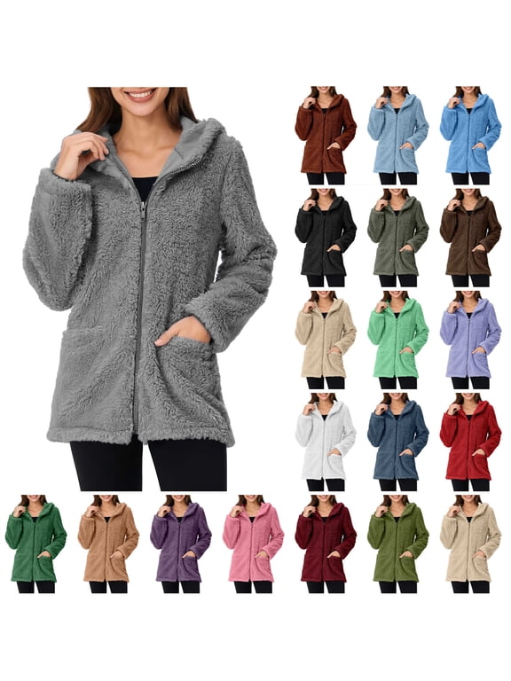 Womens Warm Fuzzy Zip Up Hoodie Jackets Fall Winter Faux Fur Coats Outdoor Long Sleeve Fleece Hooded Sweatshirts, Purple, M