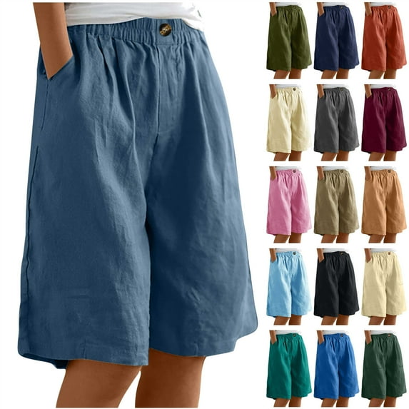 QATAINLAV Womens Wide Leg Cotton Linen Shorts Summer Loose Fit Knee Length Bermuda Shorts Solid Casual Elastic Waist Lounge Shorts with Pockets Dark Gray XXL Summer Savings