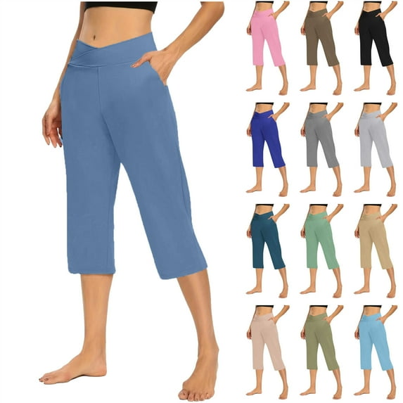QATAINLAV Womens Wide Leg Drawstring Yoga Capris Summer V Crossover High Waisted Capri Sweatpants Workout Running Cropped Joggers with Pockets Khaki XXL on Sale Clearance