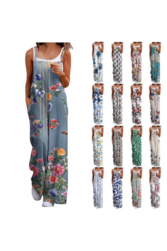 Womens Wide Leg Jumper Pants Trendy Boho Print One Piece Jumpsuits Summer Sleeveless Adjustable Straps Overalls with Pockets Vacation Outfits Multicolor S Todays Daily Sales