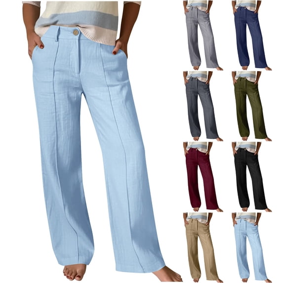 QATAINLAV Womens Wide Leg Linen Pants Button High Waist Summer Beach Pant Solid Color Business Casual Work Trousers with Pockets, Gray, S