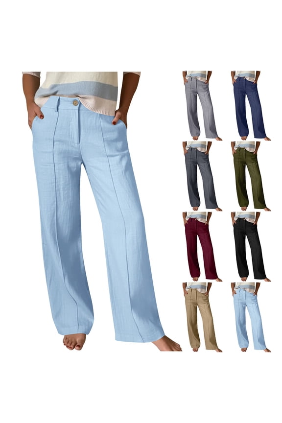 Womens Wide Leg Linen Pants Button High Waist Summer Beach Pant Solid Color Business Casual Work Trousers with Pockets, Navy, XXL