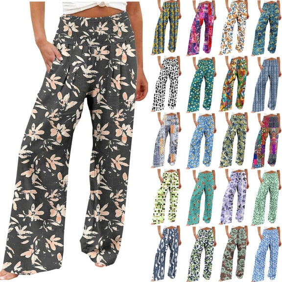 QATAINLAV Womens Wide Leg Pants Casual High Waist Floral Palazzo Pants Baggy Flowy Lounge Boho Beach Trousers with Pockets Multicolor S