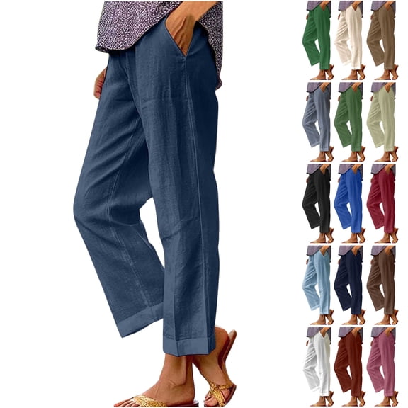 QATAINLAV Womens Wide Leg Pants Solid Casual Elastic Waist Lounge Pants Comfy Cotton Linen Straight Trousers with Pockets Going Out Outfits Khaki S
