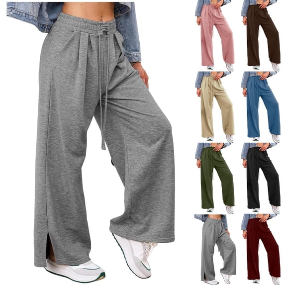 QATAINLAV Womens Wide Leg Sweatpants Drawstring Side Slit Ruffle Pants Baggy Casual Flowy Athletic Joggers with Pockets, Gray, M