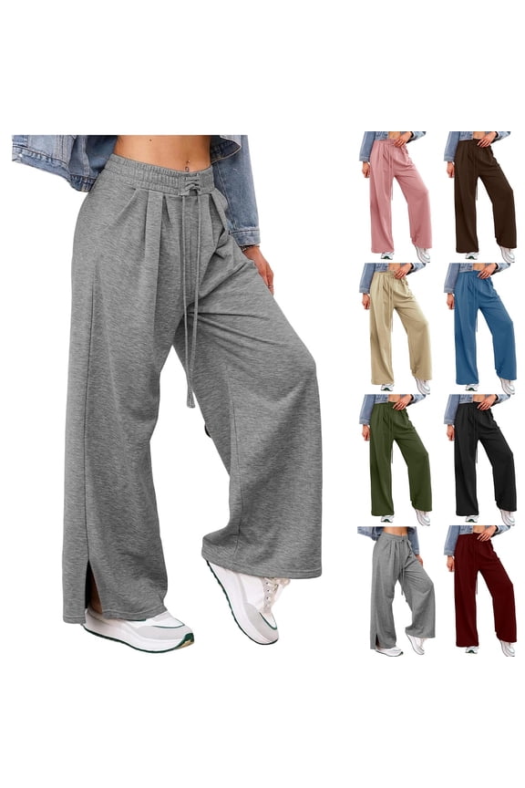 Womens Wide Leg Sweatpants Drawstring Side Slit Ruffle Pants Baggy Casual Flowy Athletic Joggers with Pockets, Wine, XXL
