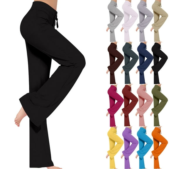 QATAINLAV Womens Wide Leg Yoga Pants Casual Drawstring High Waisted Tummy Control Lounge Trousers Solid Color Workout Leggings Pants Sales Today Black XXXL