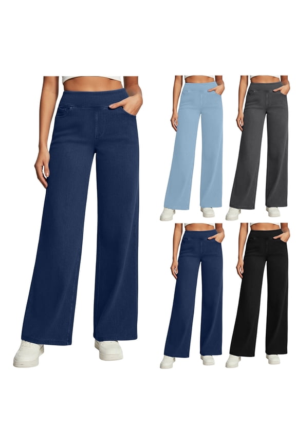 Womens Wide Leg Yoga Pants with Pockets High Waist Pull On Jeans Solid Color Casual Strechy Denim Trousers, Dark Blue, S