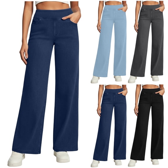 QATAINLAV Womens Wide Leg Yoga Pants with Pockets High Waist Pull On Jeans Solid Color Casual Strechy Denim Trousers, Dark Gray, M