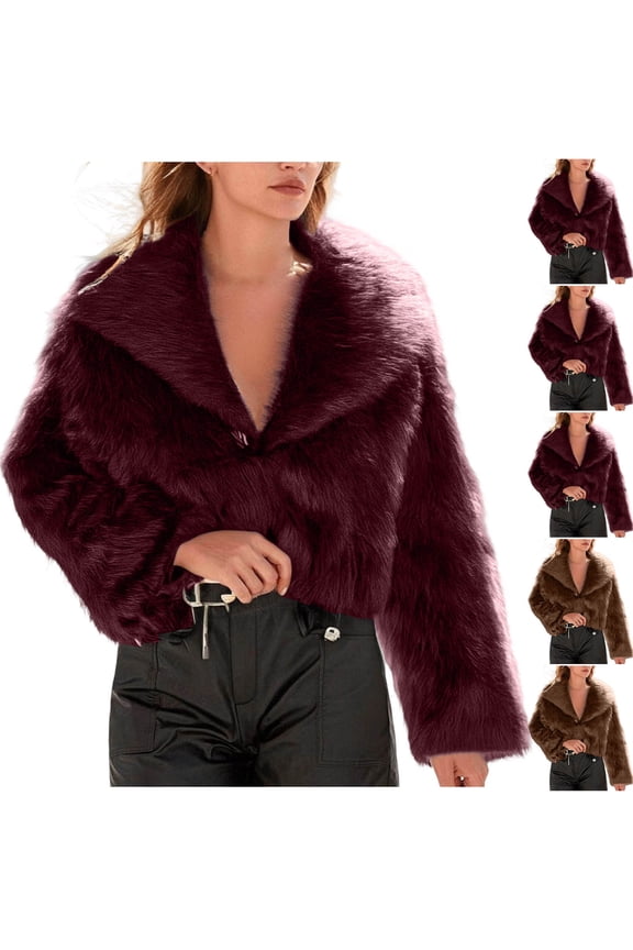 Womens Winter Coats Fluffy Cropped Faux Fur Long Sleeve Lapel Jacket Solid Casual Open Front Cardigans, Wine, M