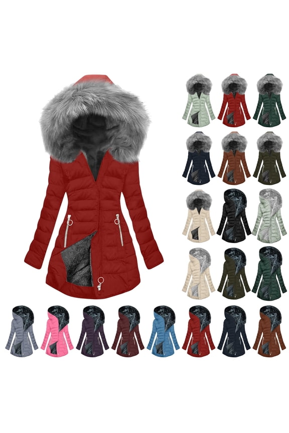 Womens Winter Coats Long Sleeve Hooded Quilted Down Jackets Warm Sherpa Lined Puffer Jacket with Pockets, Wine, XXL