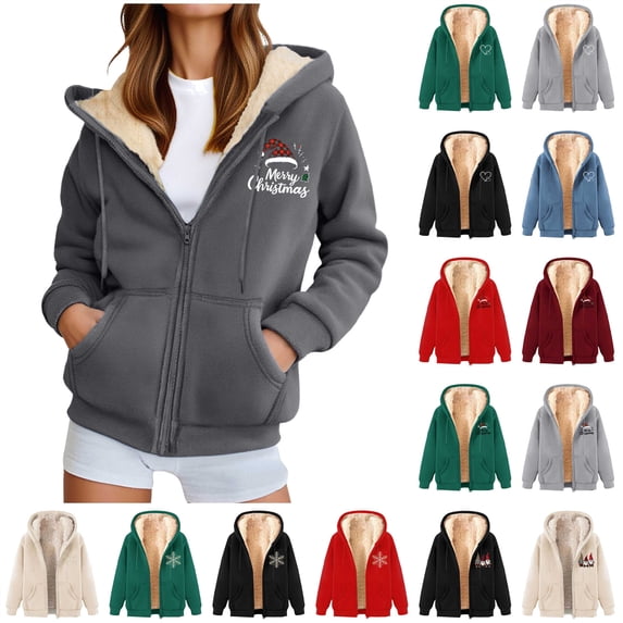 QATAINLAV Womens Winter Hoodies Zip Up Fleece Sherpa Lined Warm Sweatshirts Jacket Trendy Heart Print Drawstring Hooded Coats Todays Sales Dark Gray M
