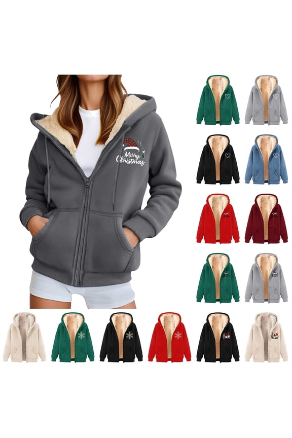 Womens Winter Hoodies Zip Up Fleece Sherpa Lined Warm Sweatshirts Jacket Trendy Heart Print Drawstring Hooded Coats Prime Today Gray XL