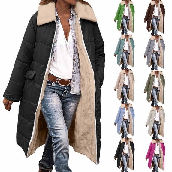 QATAINLAV Womens Winter Long Coats Sherpa Fleece Lined Down Jacket Casual Lapel Puffer Coat with Pockets, Khaki, S